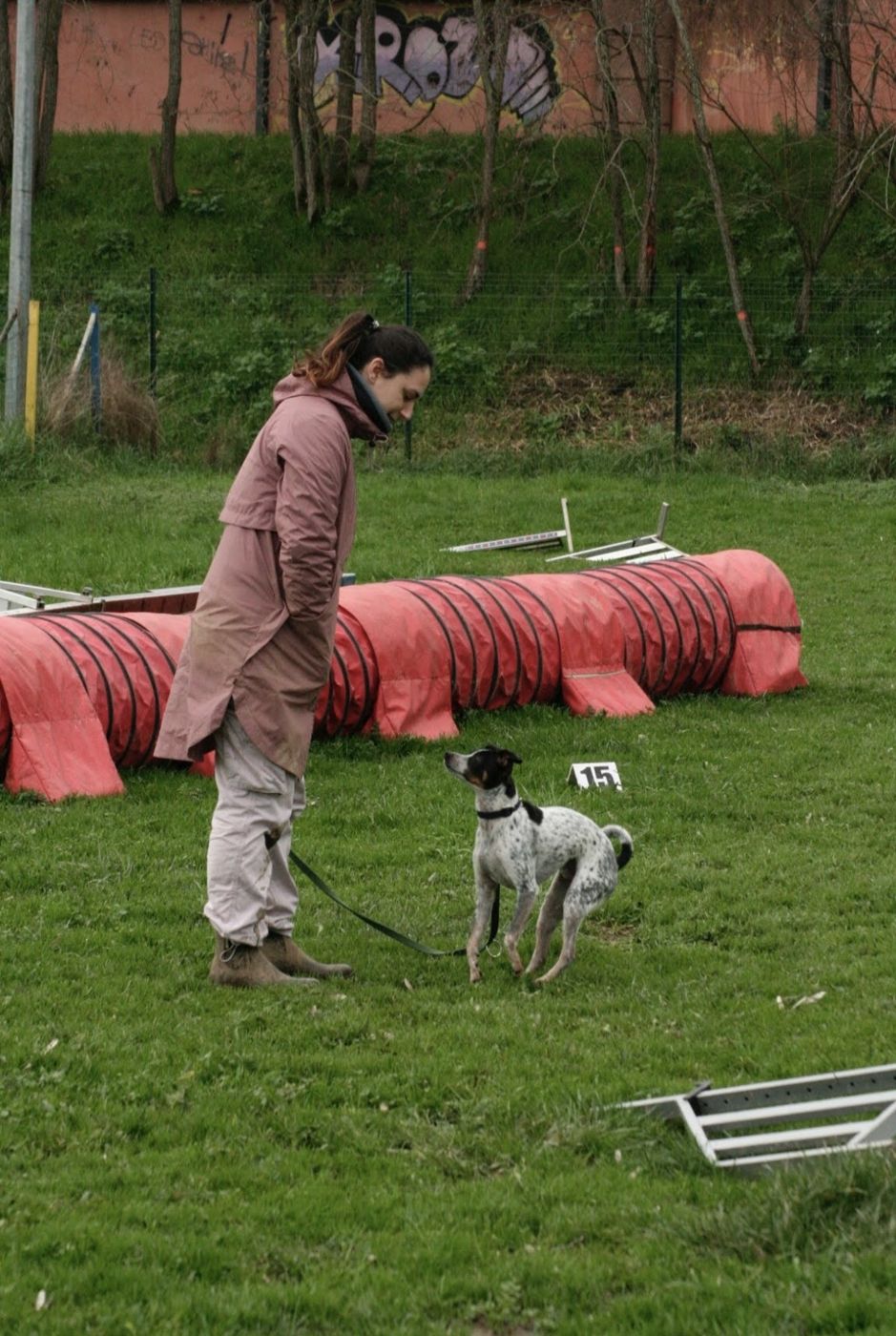 Erine en séance avec un petit chien sur un terrain d'agility